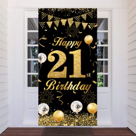 21st Birthday Banner Black Gold, 21 Year Birthday Decoration Door Backdrop for Men Women, Large Fabric 21st Birthday Party Decoration Door Banner for Table Wall Decoration, 180 x 90 cm
