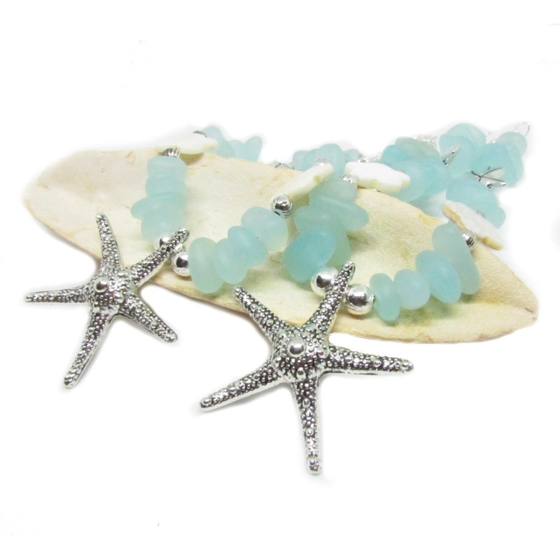 Starfish Curtain Tie Backs with Ocean Blue Sea Glass Beads,