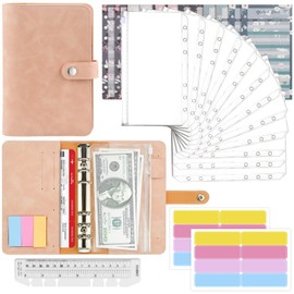 Mlife Ring Binder, Budget Planner - 26 Pieces Leather Notebook Folder with Clear Plastic Binder Envelopes, Budget Sheets, Label Stickers, Money Storage Money Book for Travel and Diary (Pink)