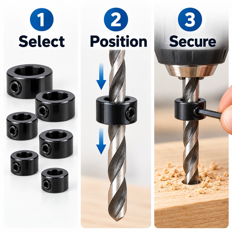 Drill Bit Depth Stop Collars for Woodworking – 8-Piece Adjustable