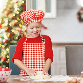 TOPWAYS Grid Kids Apron and Chef Hat Set, Adjustable Check Child Chef Aprons with 2 Pockets, Lattice Print Children's Apron for Kids Toddler Painting Baking Cooking Artist (Red, L（7-13Years）)