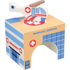 Constructive Playthings Community Wooden Toys and Helicopter Set for Ages 3+, 5-Piece Toddler Imaginative Play Set with Firehouse, School, Hospital, Police Station