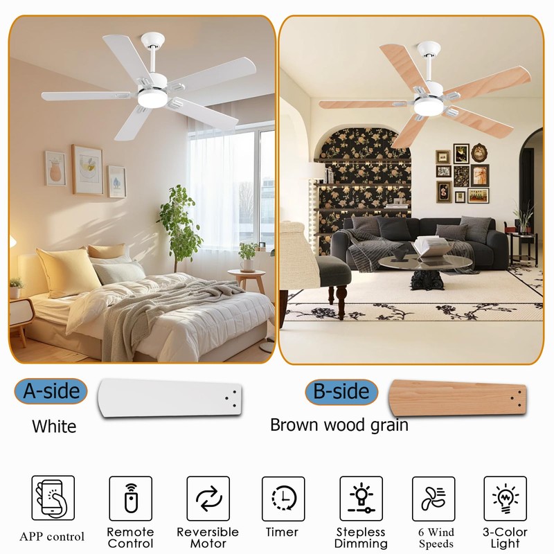 FUMLTP 52 inch Modern White Ceiling Fans with Lights APP/Remote