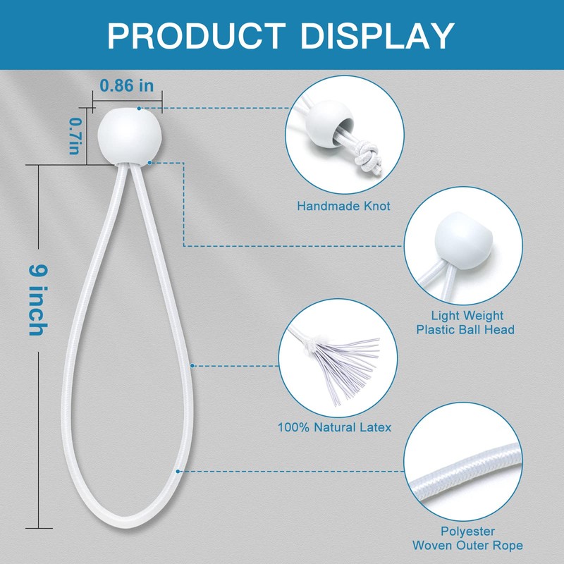 Bungee Balls 9 Inch,100 PCS White Tarp Bungee with Balls