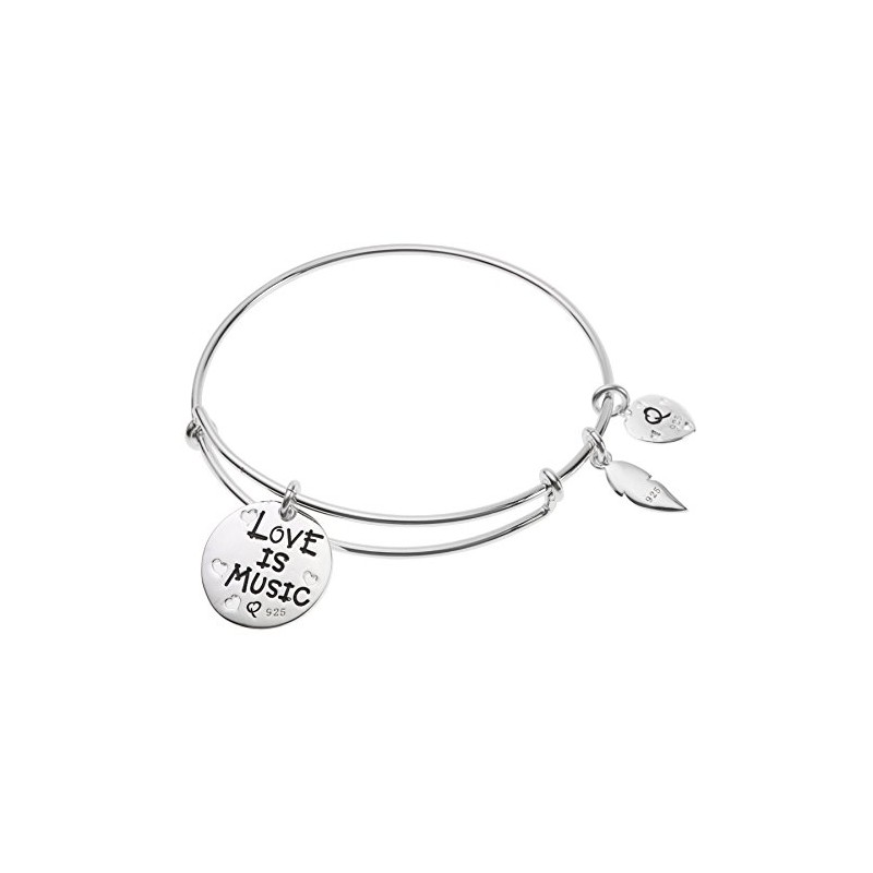 Sterling Silver Love Music Heart Feather Dangle Charm Expandable Bangle