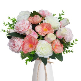 Fake Flowers, 19pcs Faux Spring Floral Bouquet of Peony Tulips Artificial Flowers with Eucalyptus, Fake Plants Silk Flowers Spring Decorations for Home Room Kitchen Wedding Mother's Day Easter Decor