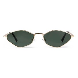 JUDOO Trendy Metal Hexagon Sunglasses for Women Men Gold Vintage Narrow Irregular Shades Green Retro Hexagonal Sun Glasses (Gold Frame/Green Lens)