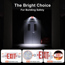 SASELUX Led Exit Sign Emergency Light Combo Adjustable Two Head,Double Sided and Battery Backup Exit Light,Red Letter Hardwired Emergency Exit Sign,AC 120/277V,UL Listed,Ceiling&Wall Mount (1 Pack)