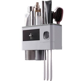 Wall Mounted Toothbrush Holder Multi Function Magnetic Absorption Bathroom Storage Rack with Drawer Toothpaste Dispenser 2 Cup Translucent Gray (24.4x11.3x20cm/9.6x4.4x7.9in)