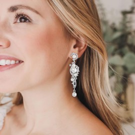 EVER FAITH Women's Austrian Crystal Cream Simulated Pearl Bridal Vine Dangle Earrings Clear Silver-Tone