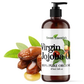 Organic Unrefined Jojoba Oil, Imported from Argentina, 100% Pure, Cold Pressed - for Hair, Skin & Nails - Best Natural Moisturizer - Hexane Free by Sweet Essentials (16 fl oz Glass Bottle with Pump)