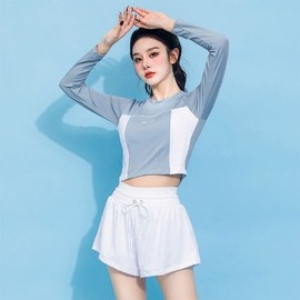 High-Waist Banded Sporty Rash Guard Swimwear & Pants Set Figure-Enhancing Black - M