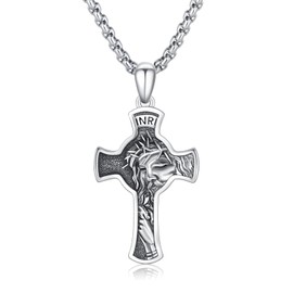 OHAYOO Jesus Necklace Sterling Silver Oxidized Jesus Cross Pendant Necklace Jesus Praying Hands Pendant Religious Jesus Jewelry for Men Women
