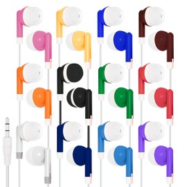 Deal Maniac 10 Pack Earphones Earbuds Headphones 3.5mm Plug Disposable, 12 Assorted Colors (Individually Bagged), Ideal for Children, Kids, Students, Classrooms, Libraries, Bulk Wholesale Pricing