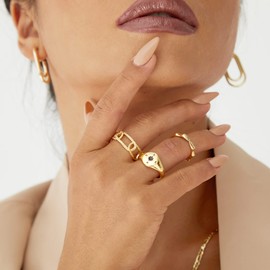 KissYan Gold Ring Set for Women, 14K Gold Plated Stackable Open Knuckle Finger Rings Chunky Twisted Signet Band Rings Adjustable Dainty Jewelry Gifts(03)