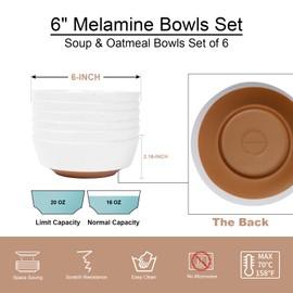 Webbylee 6-inch Melamine Bowls set of 6-20-ounce Dinnerware Cereal Bowls for Soup, Salad & Dessert | Dishwasher Safe & Space Saving (White/Brown)