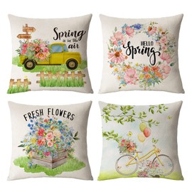 Hello Spring Pillow Covers 20x20 Set of 4 Floral Throw Pillow Covers Spring Summer Decorative Cushion Covers Truck Biycle Flower Pillow Cases for Home Sofa Couch Outdoor Decor (20 by 20)