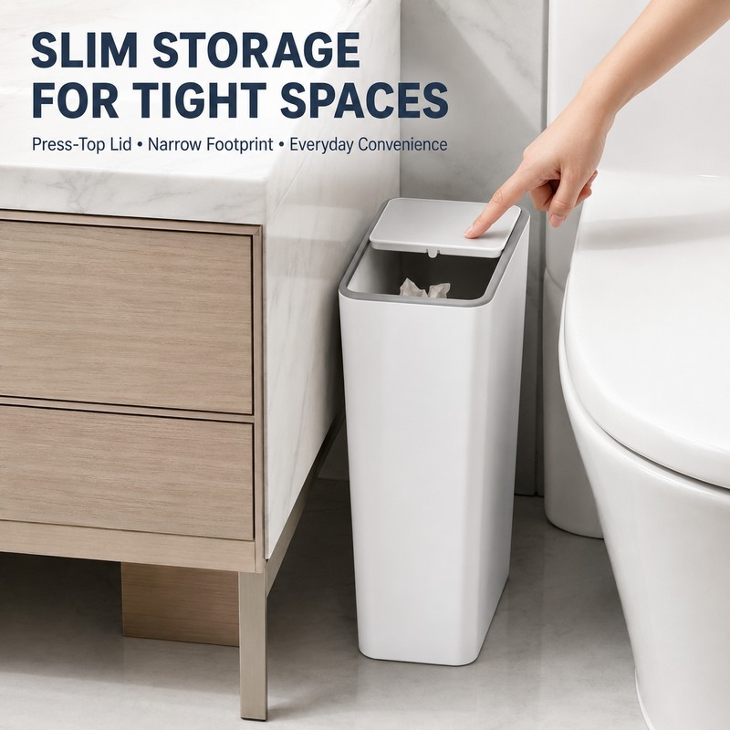 Press-Type Plastic Trash Can with Lid, 10L/15L Slim Rectangular Waste