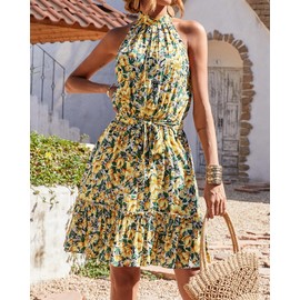 BTFBM Women Halter Neck Summer Dresses 2025 Spring Casual Sleeveless Floral Polka Dot Ruffle Mini Boho Beach Sun Dress(Floral Yellow, X-Large)