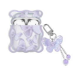 CameCosy for AirPods 1/2 Case for Women Girls with Pretty Butterfly Keychain, Wave Edge Purple Butterfly Pattern Soft Shockproof Protective Premium Cover for AirPods 1st&2nd Generation Case