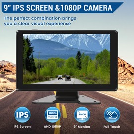 Fubedo 9'' Wired Backup Camera System, Full Touch IPS Quad Split Screen Monitor with 4 HD 1080P IP68 Waterproof Camera 64GB SD Card, Recording IR Night Vision Reverse Camera for Truck, Trailer, RV