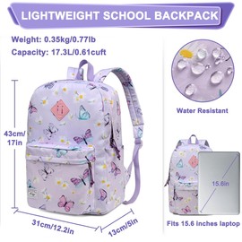 Kasqo Lightweight School Backpack, Large Capacity Water-Resistant Casual College Bookbag for Men Women Teen Girls Boys, Purple Butterfly