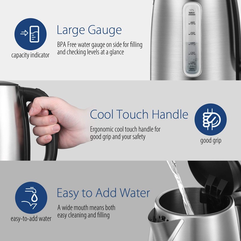 COMFEE' Stainless Steel Electric Kettle, 1.7 Liter Tea Kettle Electric