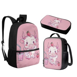 Dremagia Cow Strawberry Backpack 5th Grade with Lunch Box for Girls Cute Cartoon School Bag and Lunch Bag Elementary School Bookbags/Lunchboxes/Pencil Case for Age 6 7 8