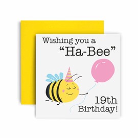 Huxters Birthday Cards for Women – Wishing You a Ha-Bee 19th Birthday Card for Her – Funny Birthday Cards for Teeneager – Girl - Daughter - Sister 19th Birthday Card with Envelope (19th)