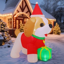 COMIN 5 FT Christmas Inflatables Cavalier King Charles Puppy Dog Outdoor Decorations Blow Ups Yard Present Box with Built-in LEDs for Indoor Party Garden Lawn Decor