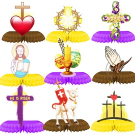 Easter Honeycomb Centerpieces,9 Pcs Double Sided Easter Theme Table Decor He is Risen Sign Religious 3D Easter Decorations for Easter Photo Prop Party Supplies