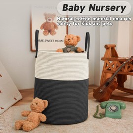 JMvicyroam Large Woven Laundry Basket Hamper,60L Cotton Rope Storage Bin for Blankets,Toys and Clothes,Decorative Tall Nursery Hamper for Living Room,Baby Nursery,Bathroom and Bedroom,White and Black