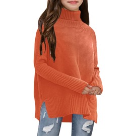 Haloumoning Kids Girls Turtleneck Tunic Sweaters Dress Fashion Long Sleeve Knit Chunky Pullover Jumper Clothes with Slit 5-14 Years Orange