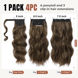 FLUFYMOOZ 4PCS Half Up Half Down Ponytail Extension Set, Fake Ponytail Soft Synthetic Hairpiece for Women, Long Thick Clip in Hair Extensions Wavy Fuller High Wrap Around (Deep Brown with Dirty Blonde 22In)