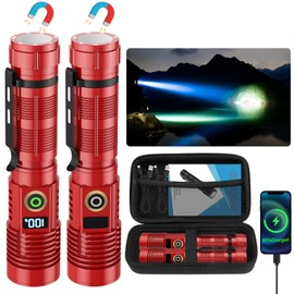 Spriak Rechargeable Flashlight High Lumens- Super Bright Magnetic Flash Light with Power Digital Display,Long Range,Dimmable,Waterproof,Pocket LED Flashlights for Emergency Camping 2PC Red