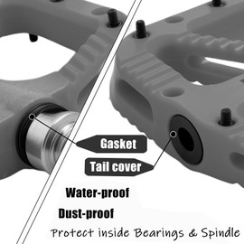 BOWOD MTB Pedals Wide Mountain Bike Pedals Adult, Lightweight Nylon Fiber Composite Bicycle Platform Pedals, Grippy Pedals w 12 Pins, Cr-Mo Spindle w 2 Bearings, Flat Pedals for BMX Bike 9/16" Grey