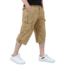 KEFITEVD Men's 3/4 Cargo Shorts Loose Fit Multi-Pocket Elastic Long Capri Shorts Pant, Khaki, 40