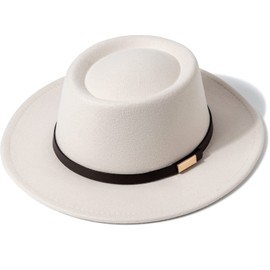 DRESHOW Women Wide Brim Fedora Hat Belt Buckle Retro Panama Floppy Hat, 1 x fedora hat: beige round top 73-b-be