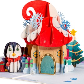 Frndly by Paper Love 3D Pop Up Christmas Card, Penguin Mushroom House, Handcrafted 3D Greeting Cards, For Christmas, Holidays, 100% Recycled and Eco-Friendly, 8" x 6" Cover - With Note Tag
