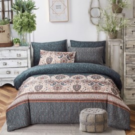 Tache Royal Rustic Paisley Mandala Lattice Floral Elegant Deep Navy Teal Reversible Duvet Cover, Cal King