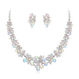 EleQueen Women's Wedding Bridal Statement Crystal Necklace Earrings Set for Brides Bridesmaid, Butterfly Leaf Jewelry for Prom Party AB Iridescent Silver-Tone