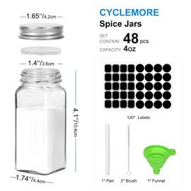 CycleMore 48 Pack 4oz Glass Spice Jars Bottles, Square Spice Containers with Silver Metal Caps and Pour/Sift Shaker Lid-80pcs Black Labels,1pcs Silicone Collapsible Funnel and 2pcs Brush Included