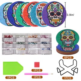 KUHPLOVE 6 Pcs Painting by Numbers Table Coasters with Holder, DIY Skull Coaster for Drinks Art Kits Non-Slip Cute Coaster for Beginners, and Adults Art Craft Supplies (Skull)