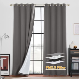 RYB HOME Noise Reducing Barrier for Bedroom, Totally Blackout Drapes Energy Smart Window Treatment Anti Dust Divider Curtains PM2.5 Pollen Smog Filtering, Grey, W52 x L108 inch, 2 Panel