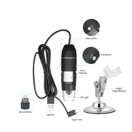 Meichoon Digitales Mikroskop, 3-in-1 USB Schnittstelle,1600 x Kamera,mit Flexiblem Ständer,Kompatibel mit Android,Mac, Windows-System,NB01D