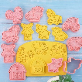 Juego de cortadores de galletas de animales de granja con sellos de galletas, 8 piezas de plástico con temática de animales de granja divertido molde de galletas para niños hornear (granja)