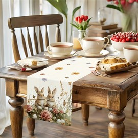 Easter Table Runner Wild Flowers Bunny Eggs Easter Runner for Table, Seasonal Spring Summer Holiday Kitchen Dining Table Decoration for Indoor Outdoor Home Party Decor 13x72 Inch ZQ008