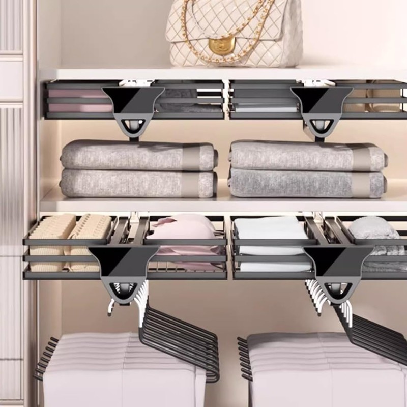 FKKPRVAX Pull Out Closet Rod with Basket, Closet Clothes Hanger