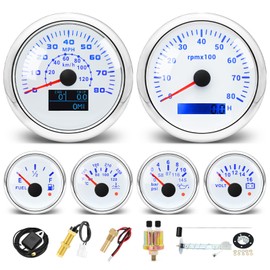 MH 6 AUTO Boat Gauge Set - 3-3/8" 80MPH & 120KM GPS Speedometer, Tachometer, 2-1/16" Oil Pressure Gauge, Fuel Level, Water Temperature, Voltmeter Alarm Marine Meter Kit with Sensor(White)