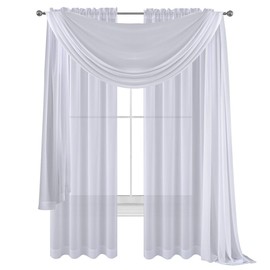3 Piece White Sheer Voile Curtain Panel Set: 2 White Panels and 1 Scarf